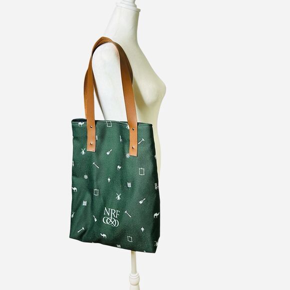 Market Tote Bag Canvas Fully Lined Leather Handles Green Patterned NRF Logo - Picture 1 of 10